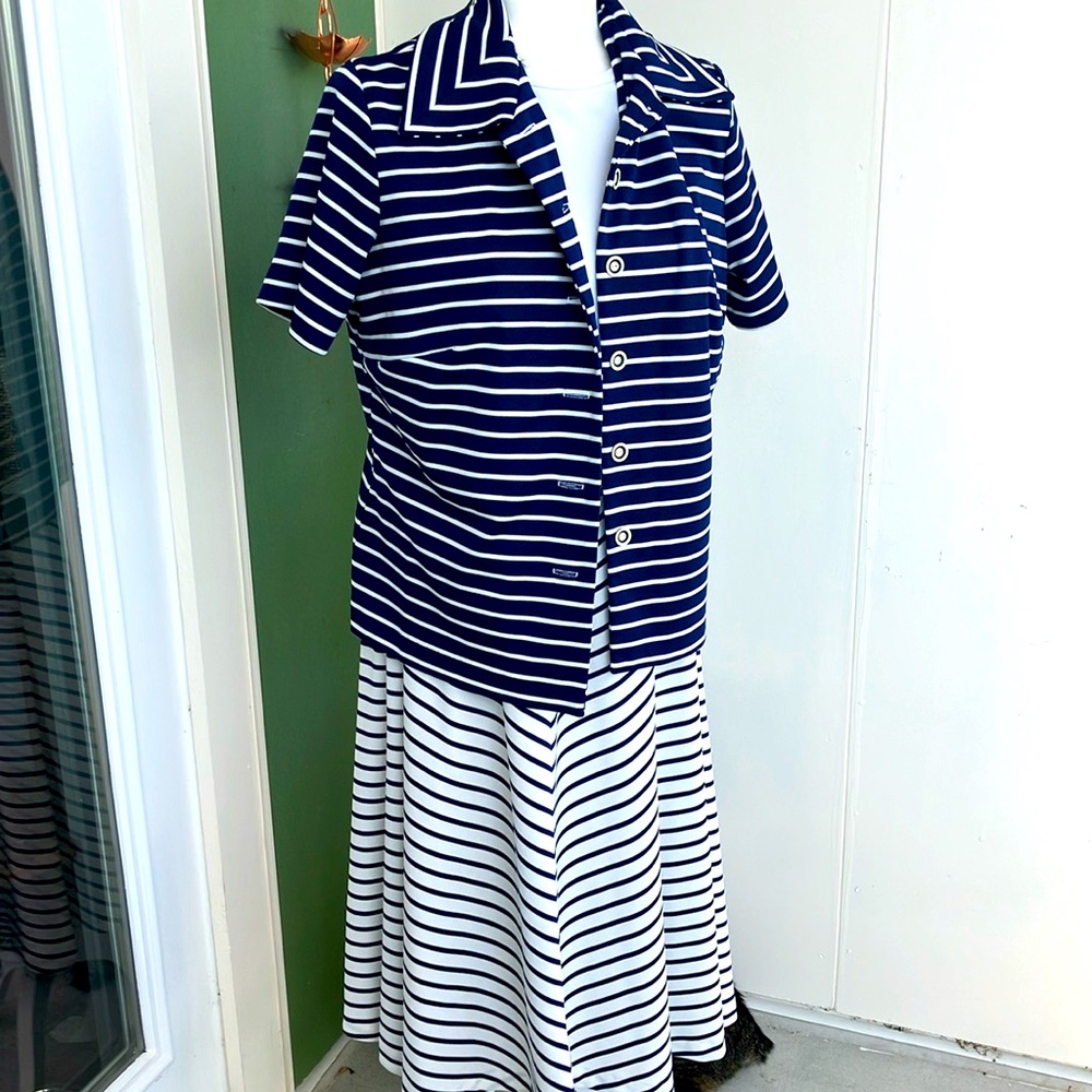 Vintage 70s Nautical Navy and White Stripe Dress and Jacket Set